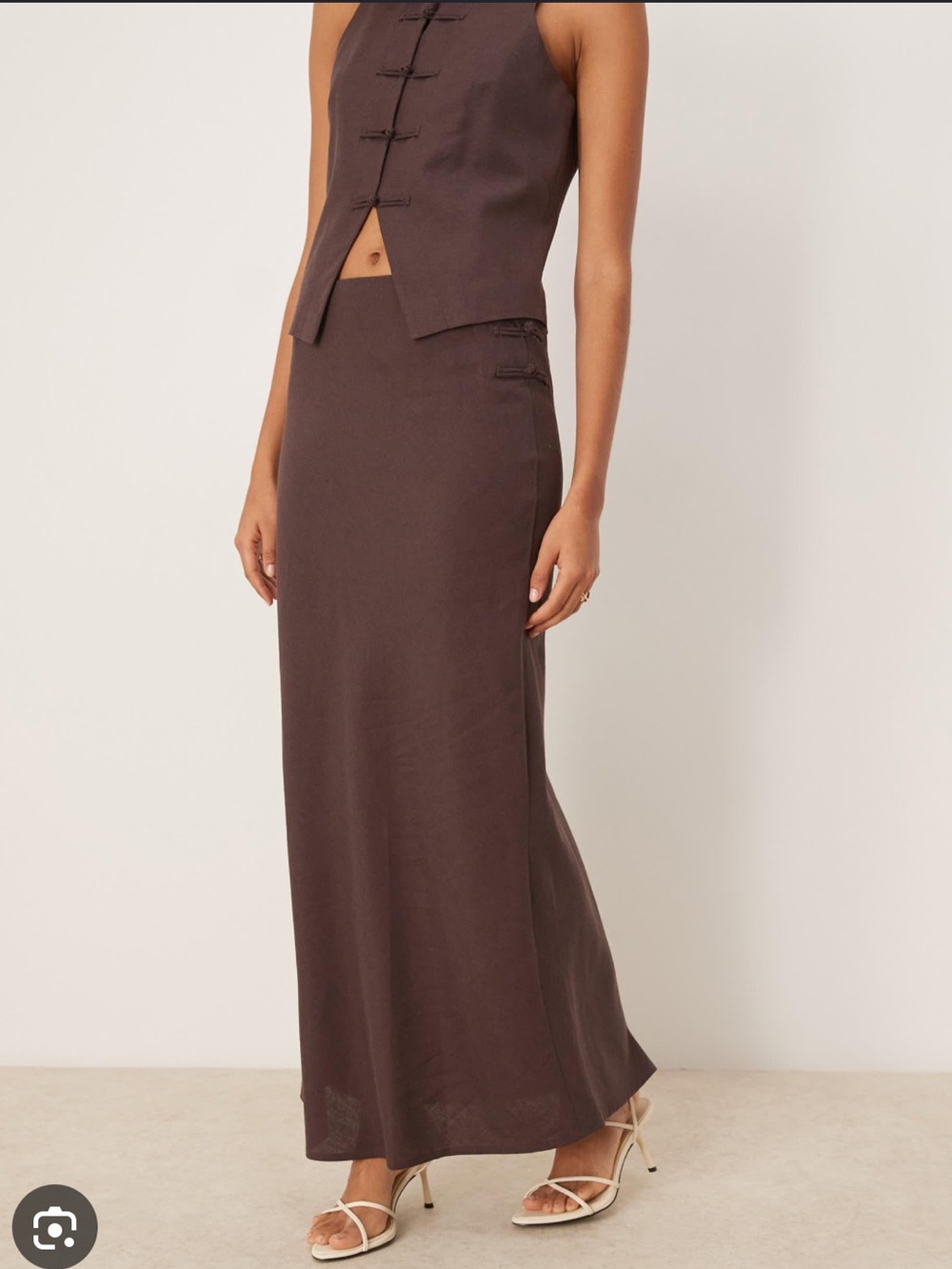 Mango Dark Brown Linen-Blend Maxi Skirt with Side Knot